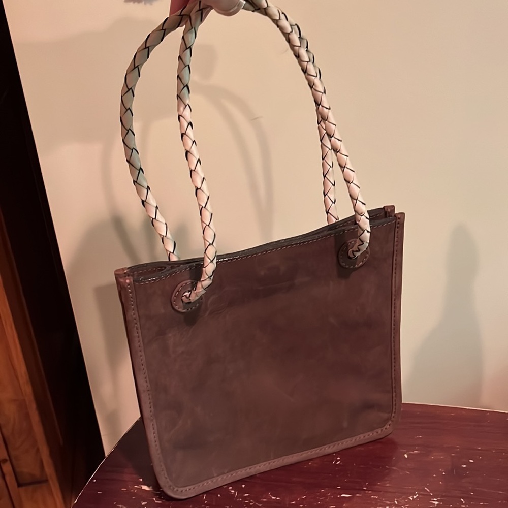 Brown suede bag with tan leather braided straps - Picture 2 of 3